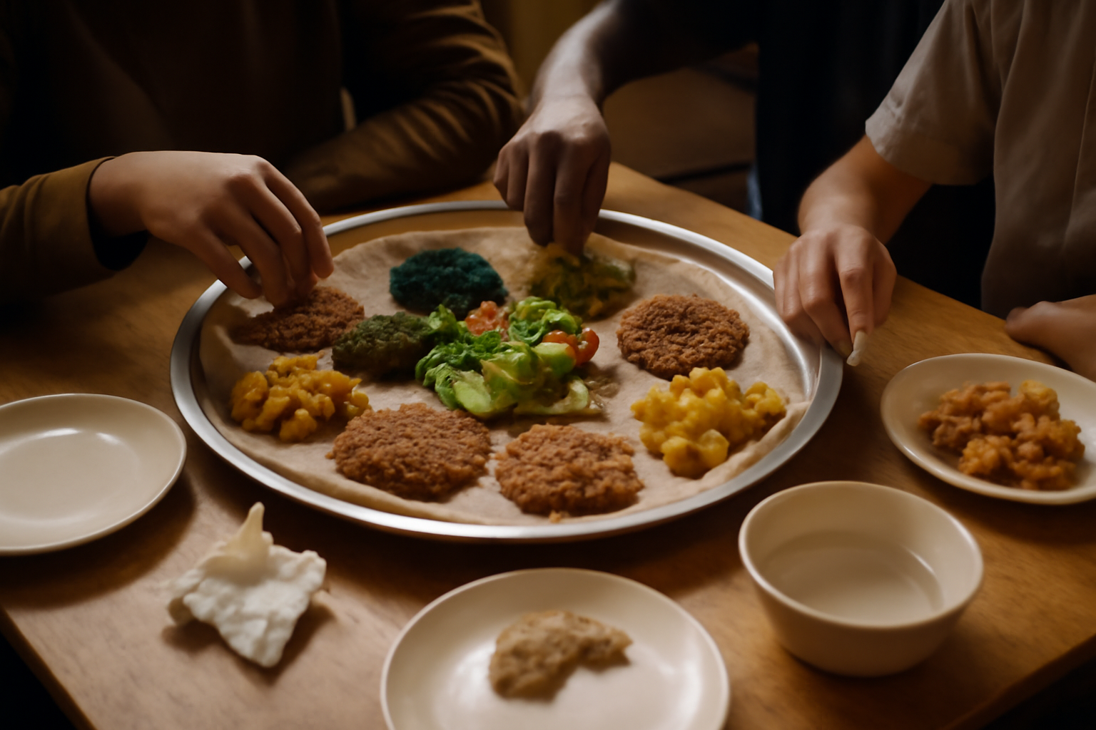 Photograph illustrating Ethiopian and Eritrean cooking at the same table