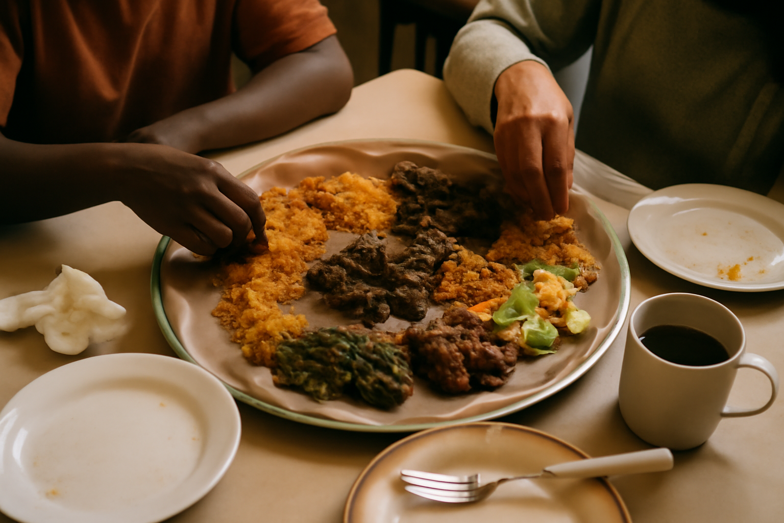 Photograph illustrating Ethiopian and Eritrean cooking at the same table