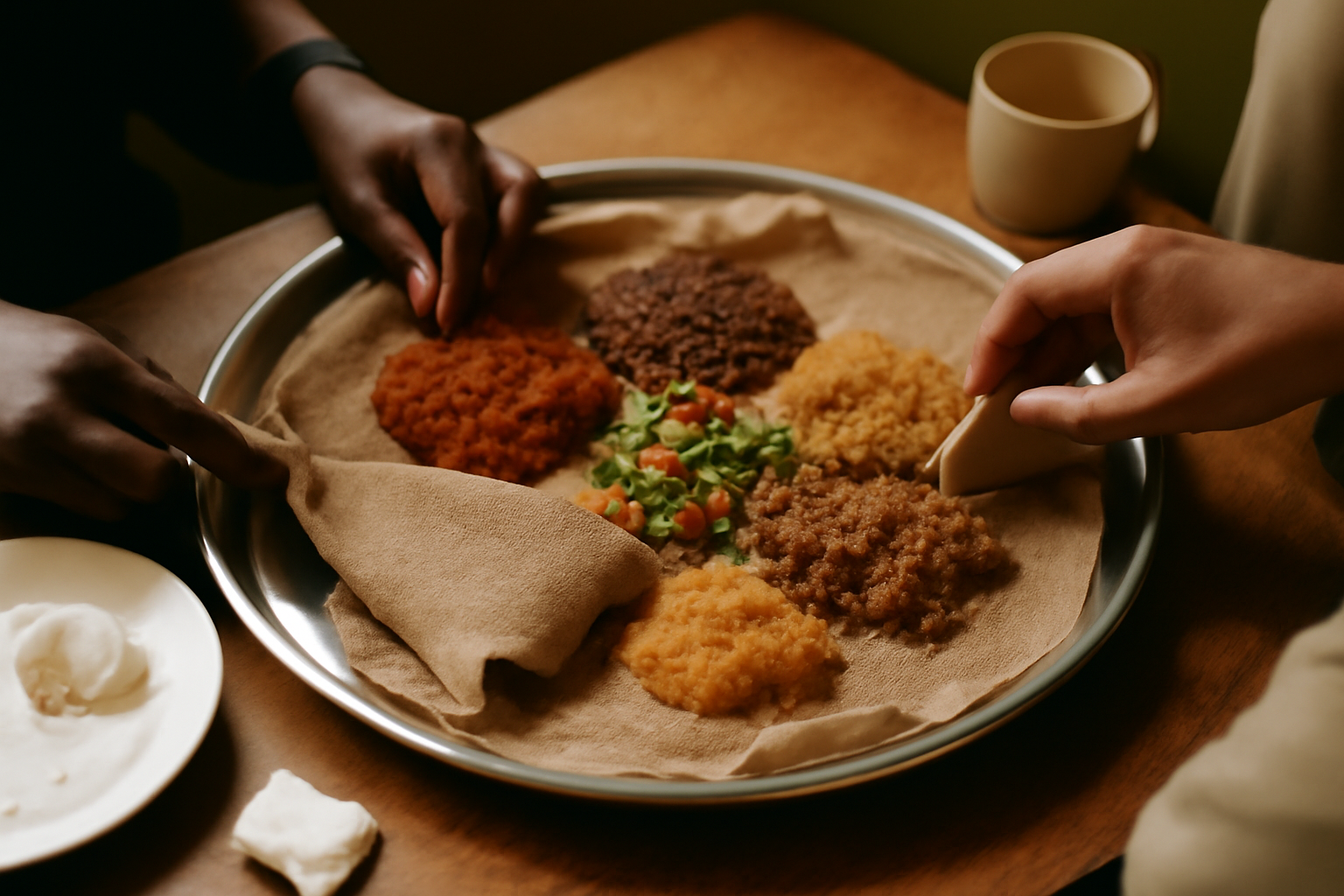 Photograph illustrating Ethiopian food and eating with injera