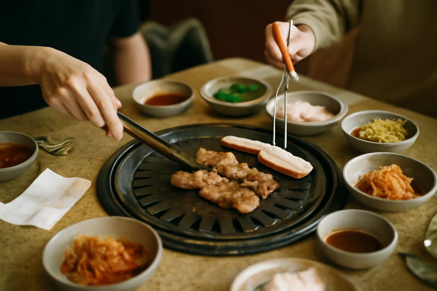 Photograph illustrating Korean BBQ: who cooks, and in what order