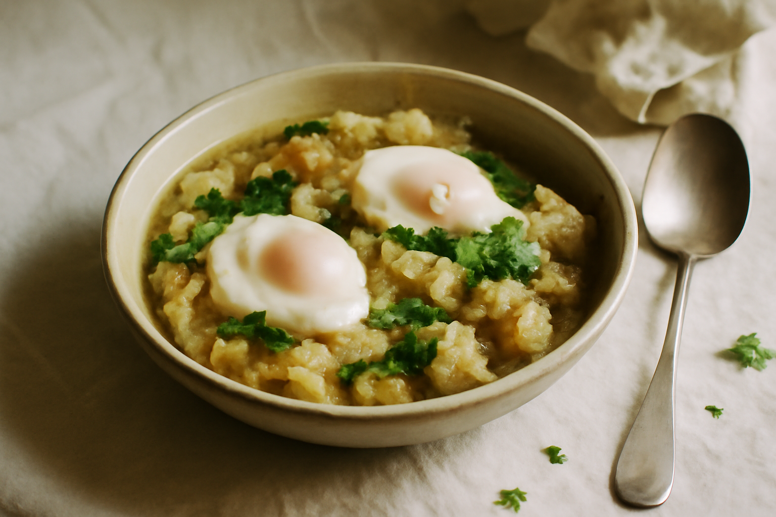 Açorda à Alentejana, served