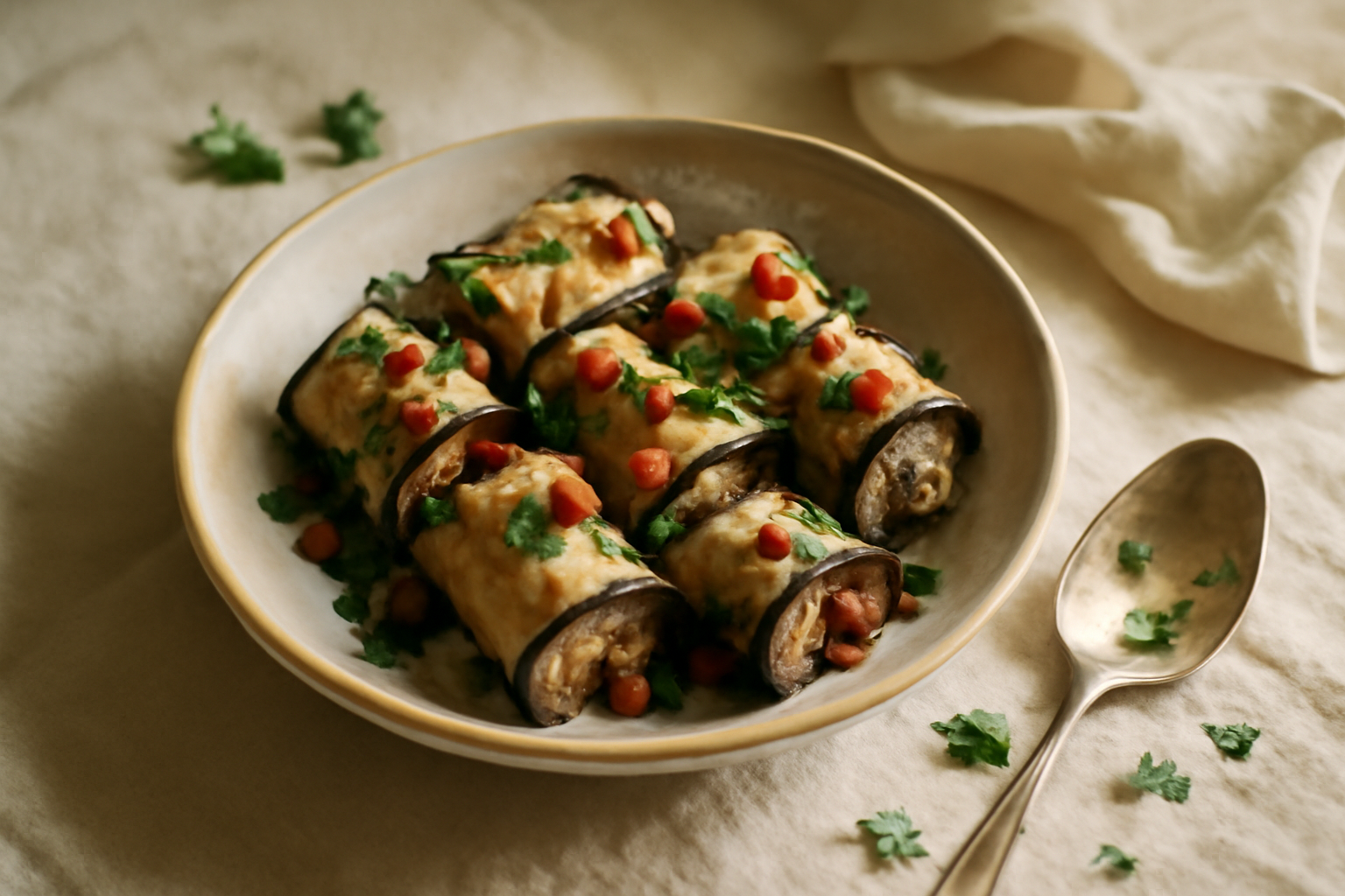 Badrijani Nigvzit — Georgian Eggplant Rolls with Walnut-Garlic Paste, served