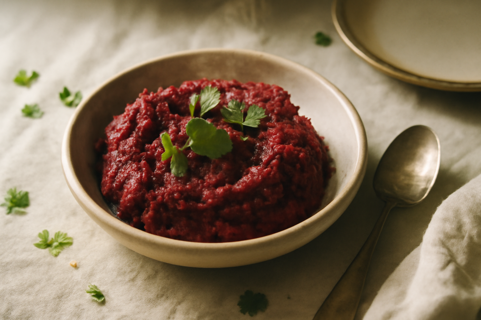 Beet Pkhali, served