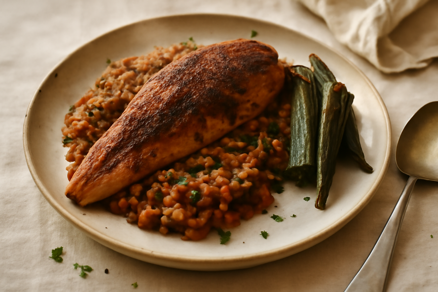 Blackened Catfish with Creole Lentils and Charred Okra, served