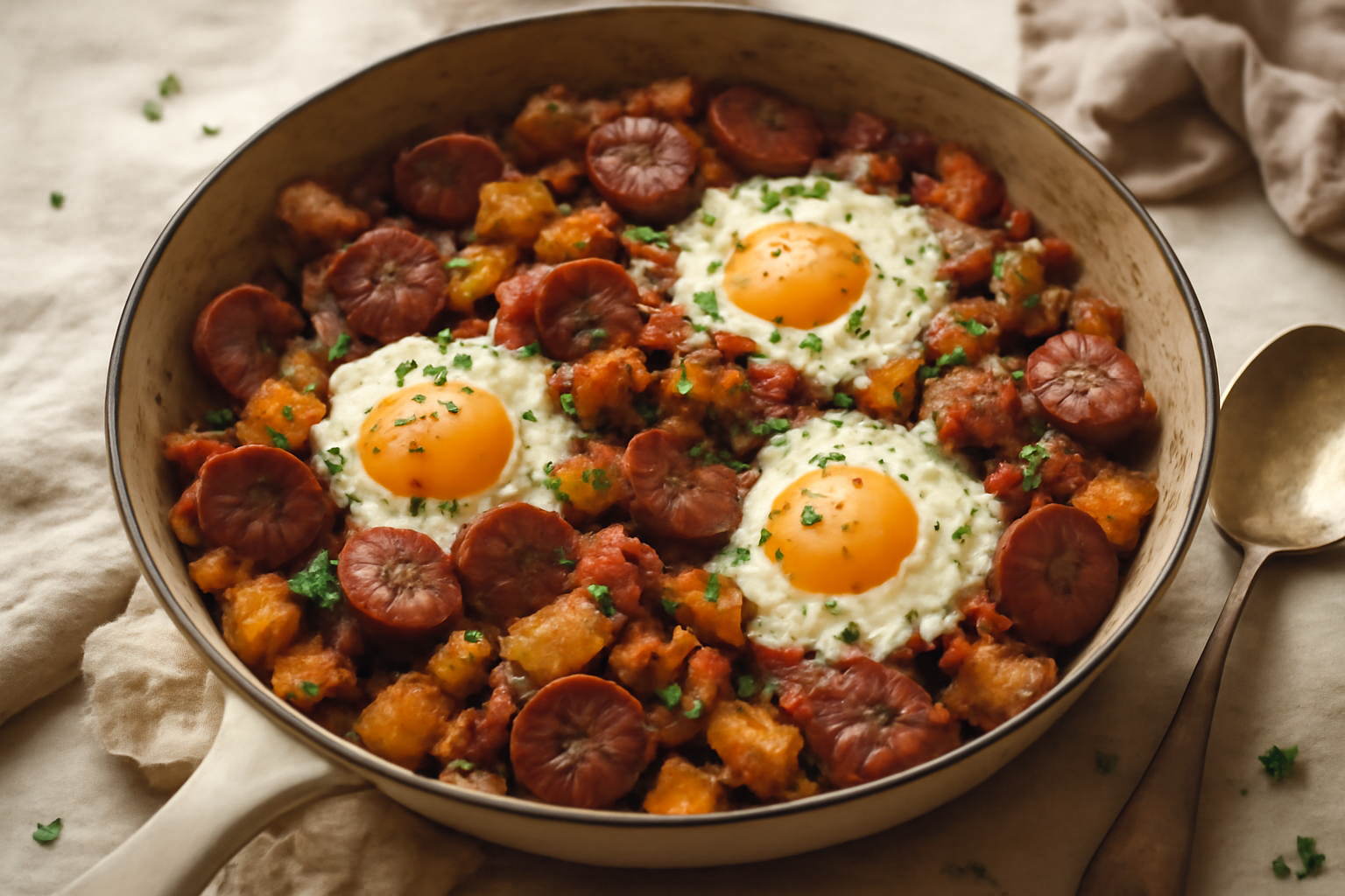 Cajun Andouille & Potato Skillet with Runny Eggs, served