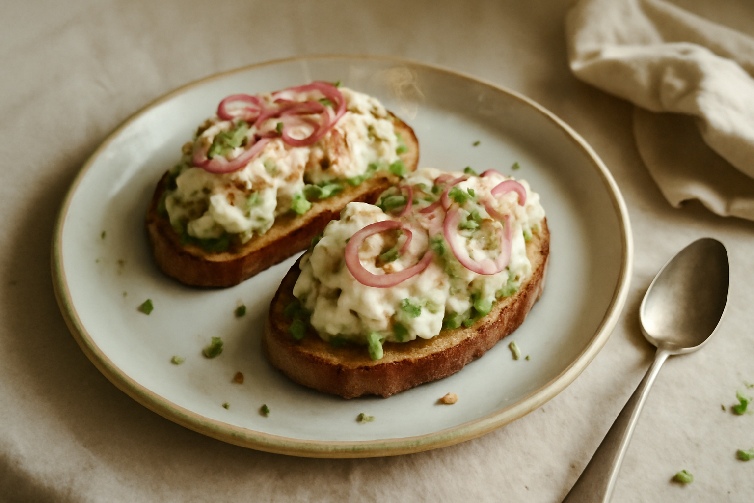 California Crab & Avocado Sourdough Toasts with Pickled Shallots and Lemon‑Chive Aioli, served