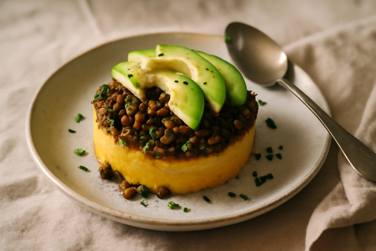 Causa Limeña de Lentejas y Champiñones, served