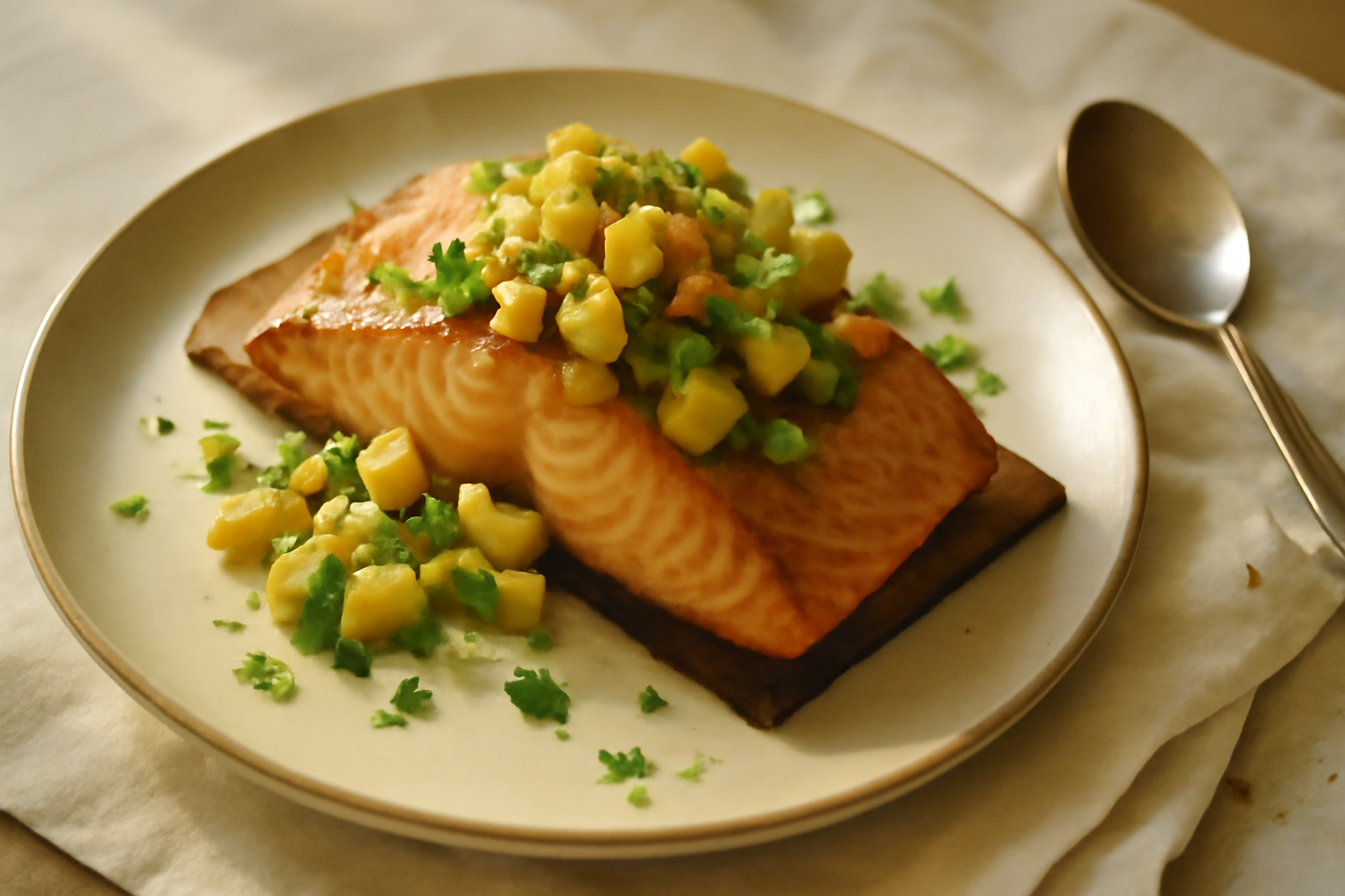 Cedar‑Plank Grilled Salmon with Mango‑Avocado Salsa, served
