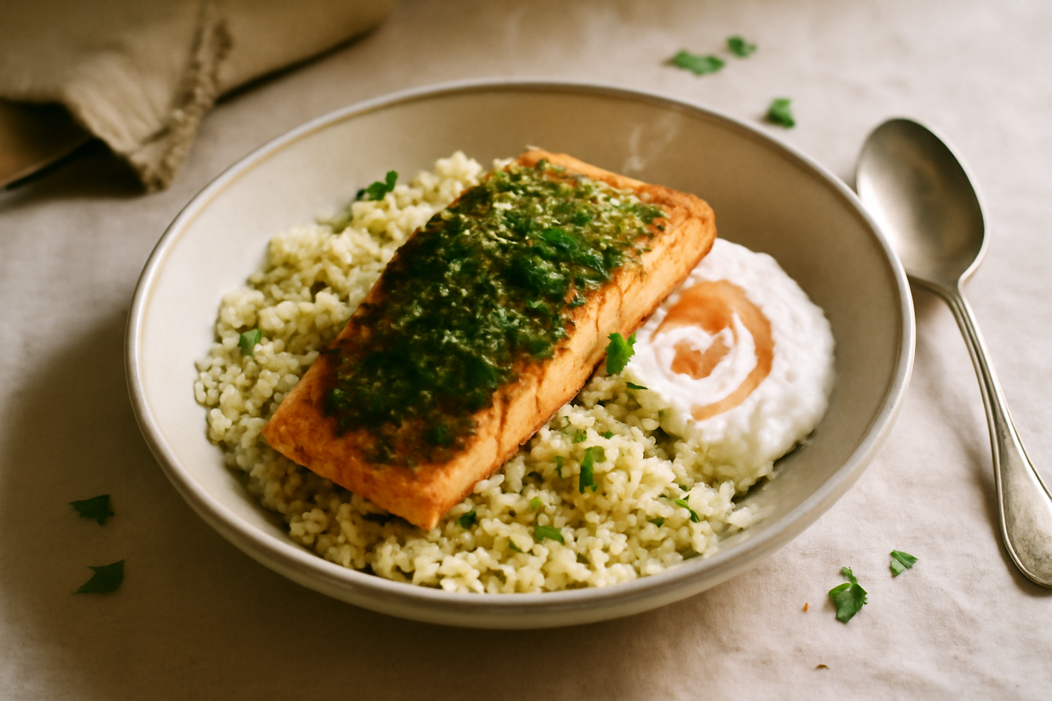 Chermoula Salmon with Lemon‑Parsley Couscous and Harissa Yogurt, served