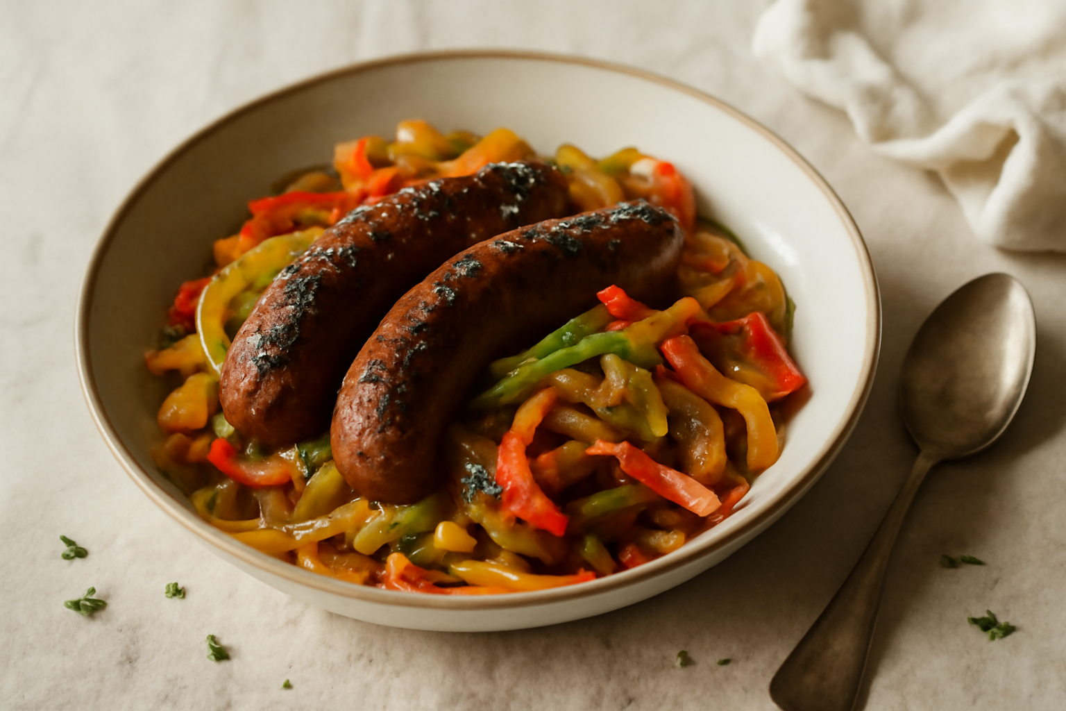 Chicago-Grilled Italian Sausage with Peppers & Onions, served