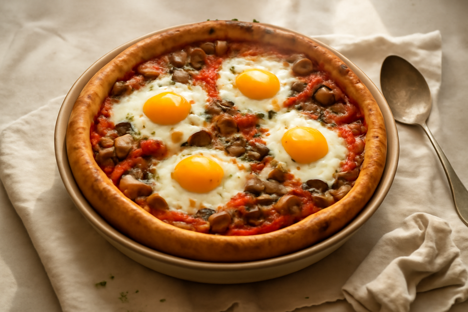 Chicago-Style Deep‑Dish Breakfast Pizza, served