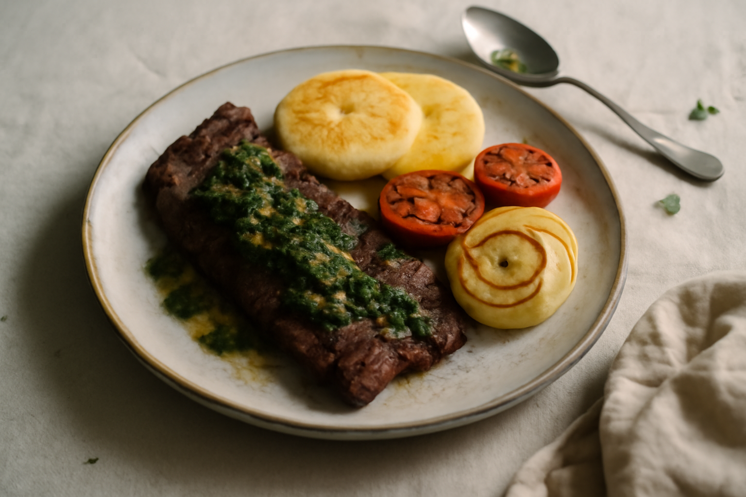 Churrasco Colombiano — Grilled Skirt Steak with Chimichurri, Arepas and Grilled Vegetables, served