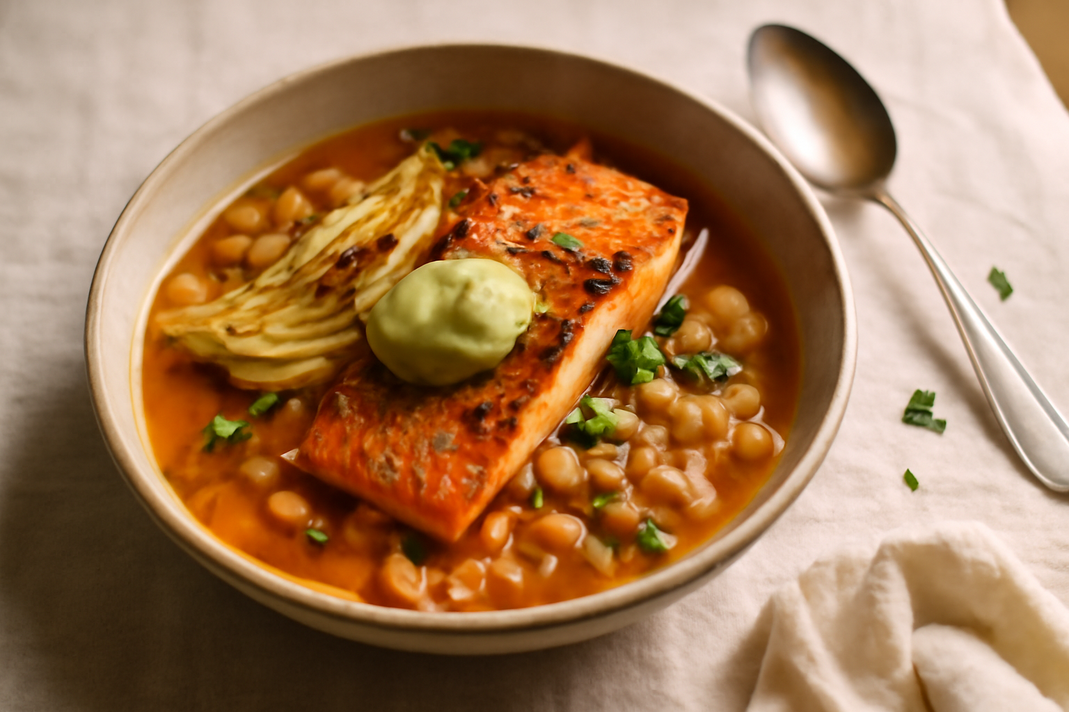 Citrus‑Herb Salmon & Farro Soup with Roasted Fennel and Lemon‑Avocado Cream, served