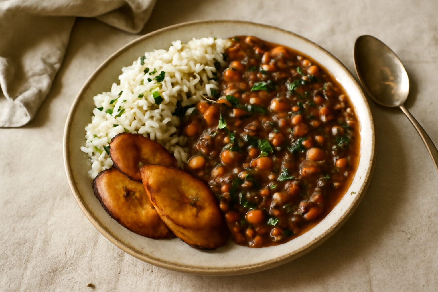 Cuban Black Bean & Chickpea Stew with Garlic‑Lime Rice and Crispy Maduros, served