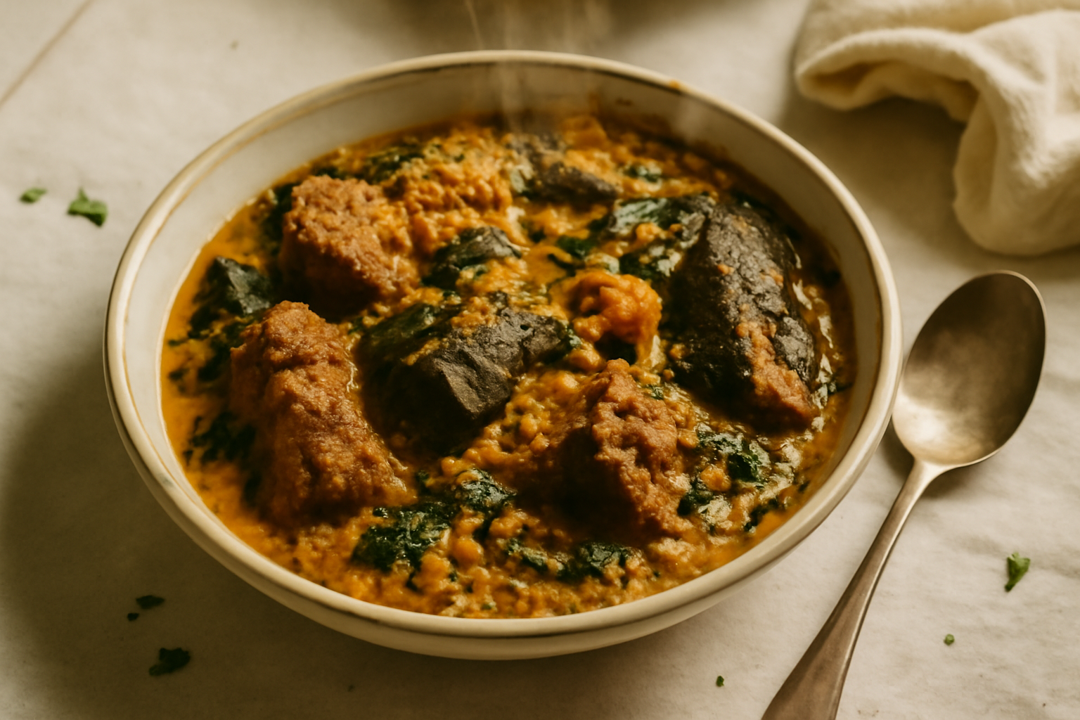 Egusi Soup with Assorted Fish & Beef, served