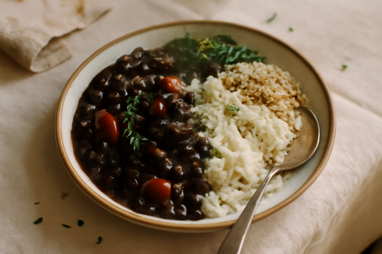 Feijoada Vegetariana with Farofa and Couve, served