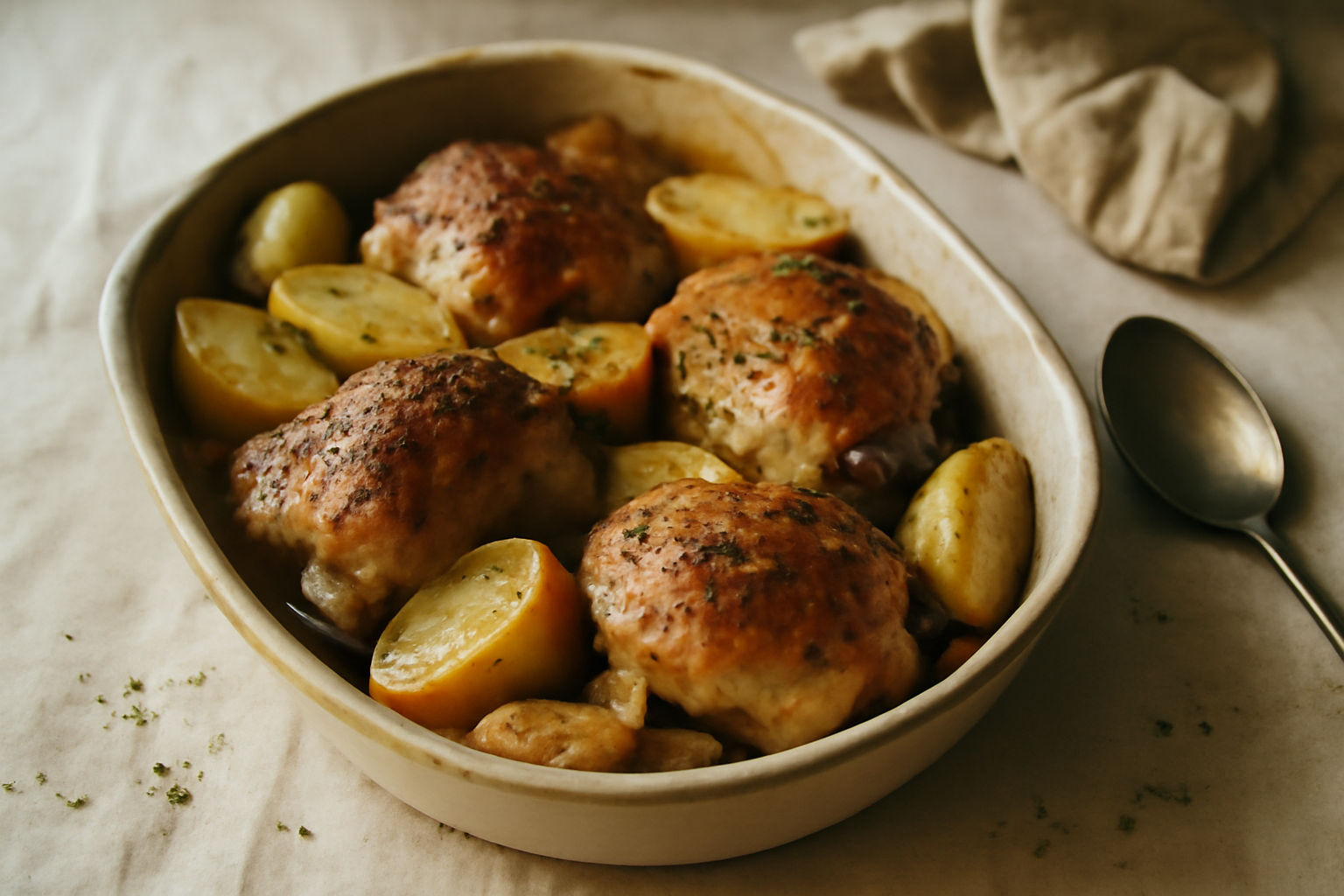 Greek Roast Chicken Thighs with Lemon, Oregano & Potatoes, served