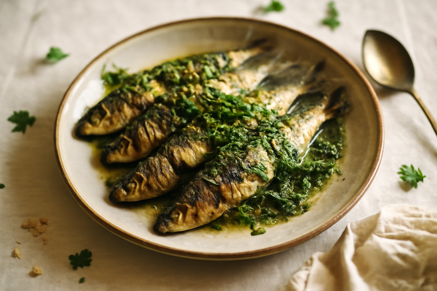 Grilled Sardines with Tunisian Chermoula, served