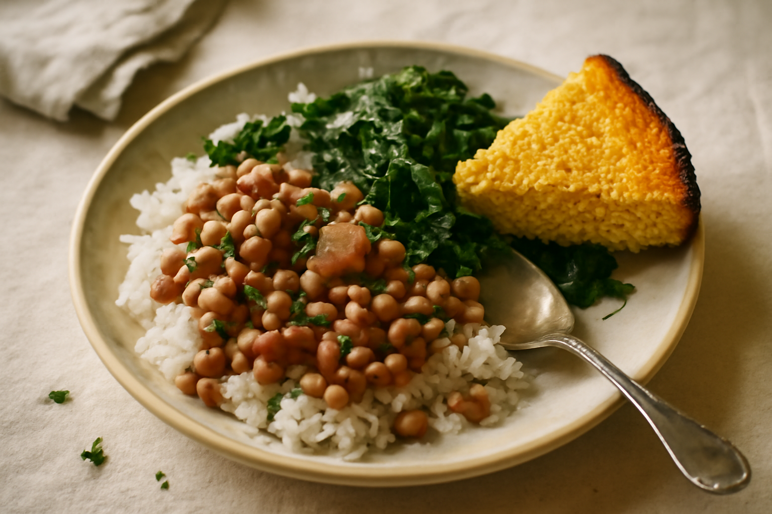 Hoppin' John with Braised Collards and Skillet Cornbread, served