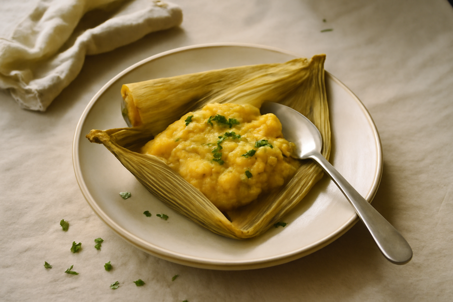 Humitas en Chala, served