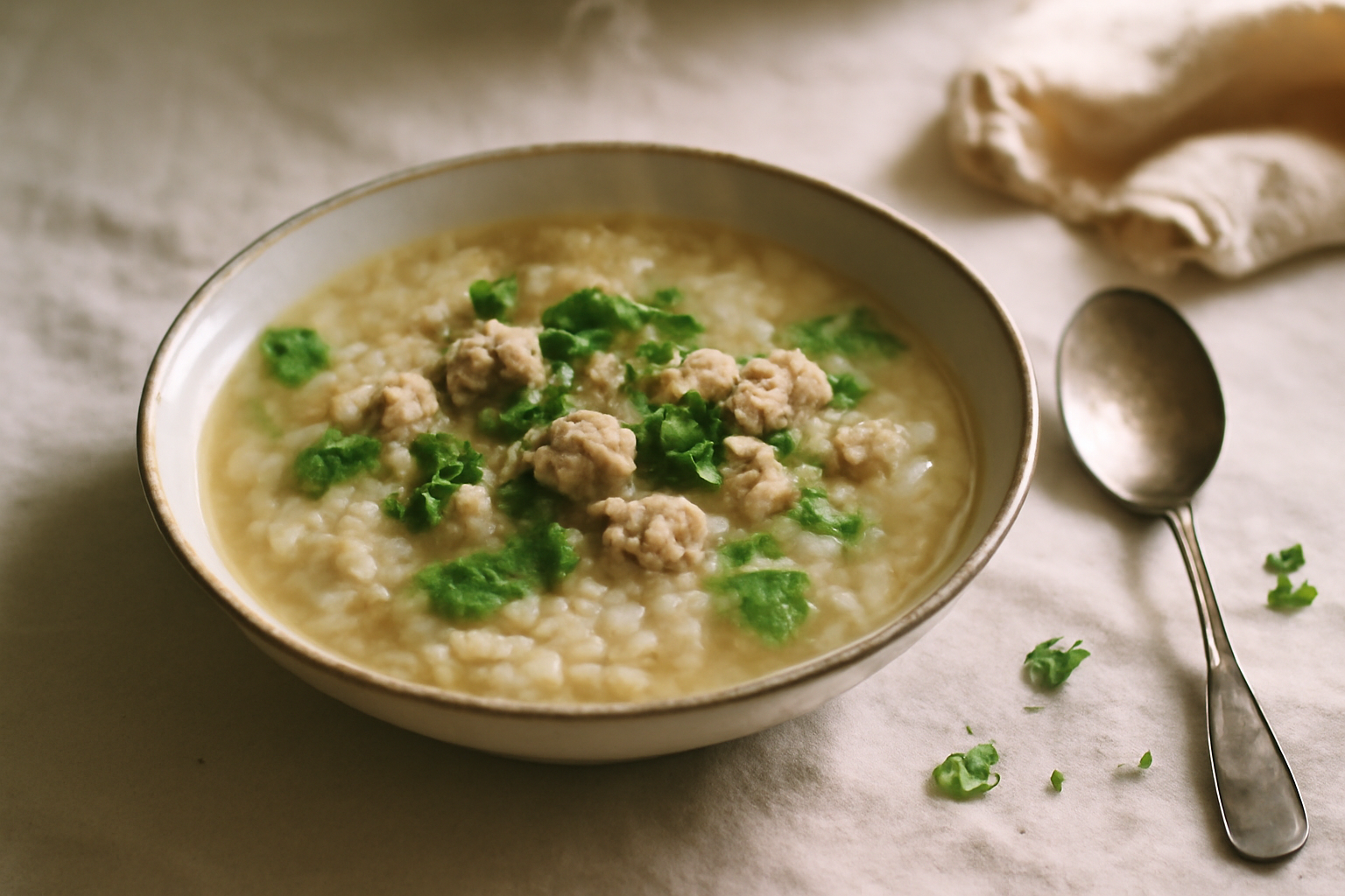 Khao Tom Moo — Thai Rice Soup with Ground Pork, served