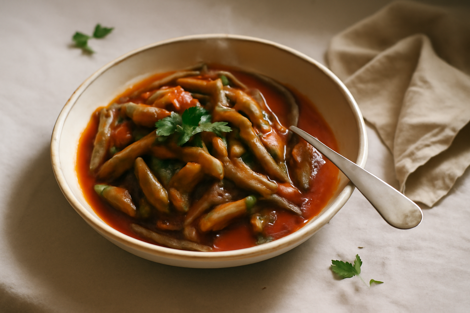 Loubieh bi Zeit — Lebanese Green Beans in Tomato & Olive Oil, served
