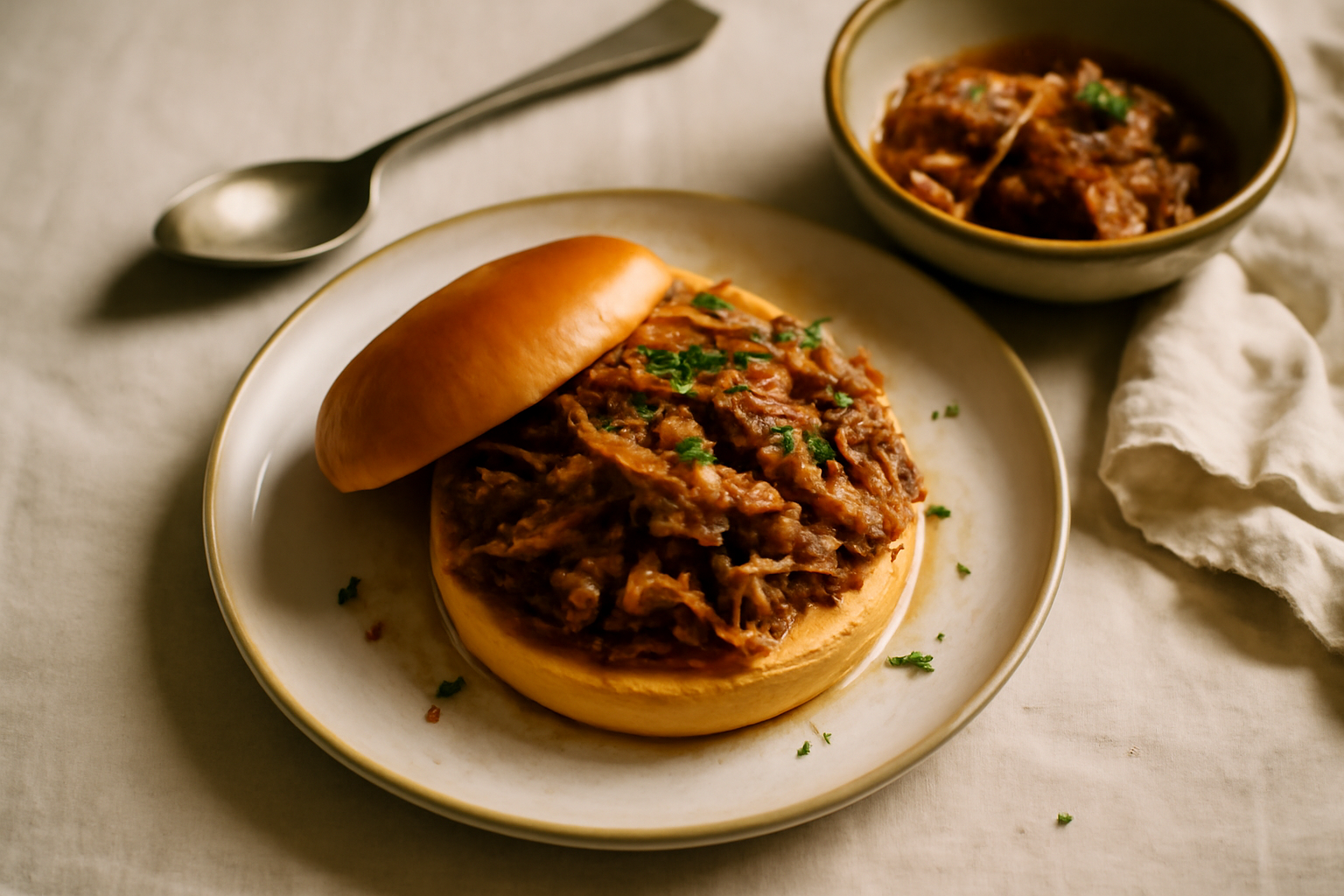 Low-and-Slow Oven Pulled Pork with Carolina Vinegar Sauce, served