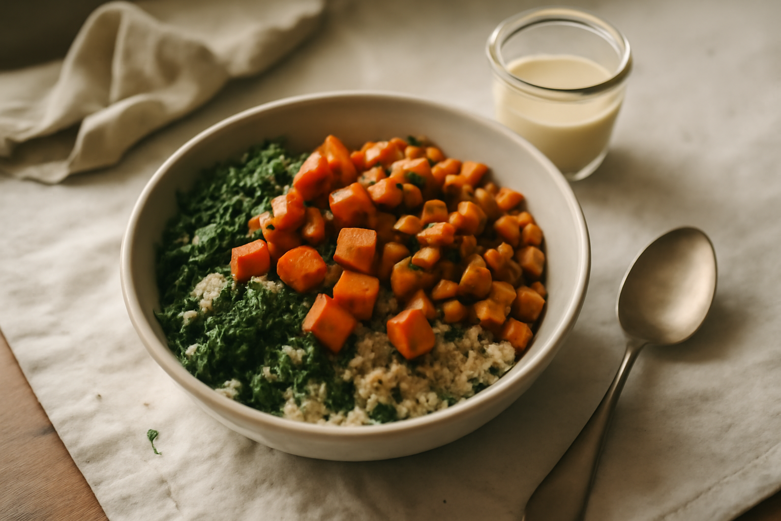 Make-Ahead Roasted Sweet Potato, Kale & Quinoa Bowls with Lemon-Tahini Dressing, served