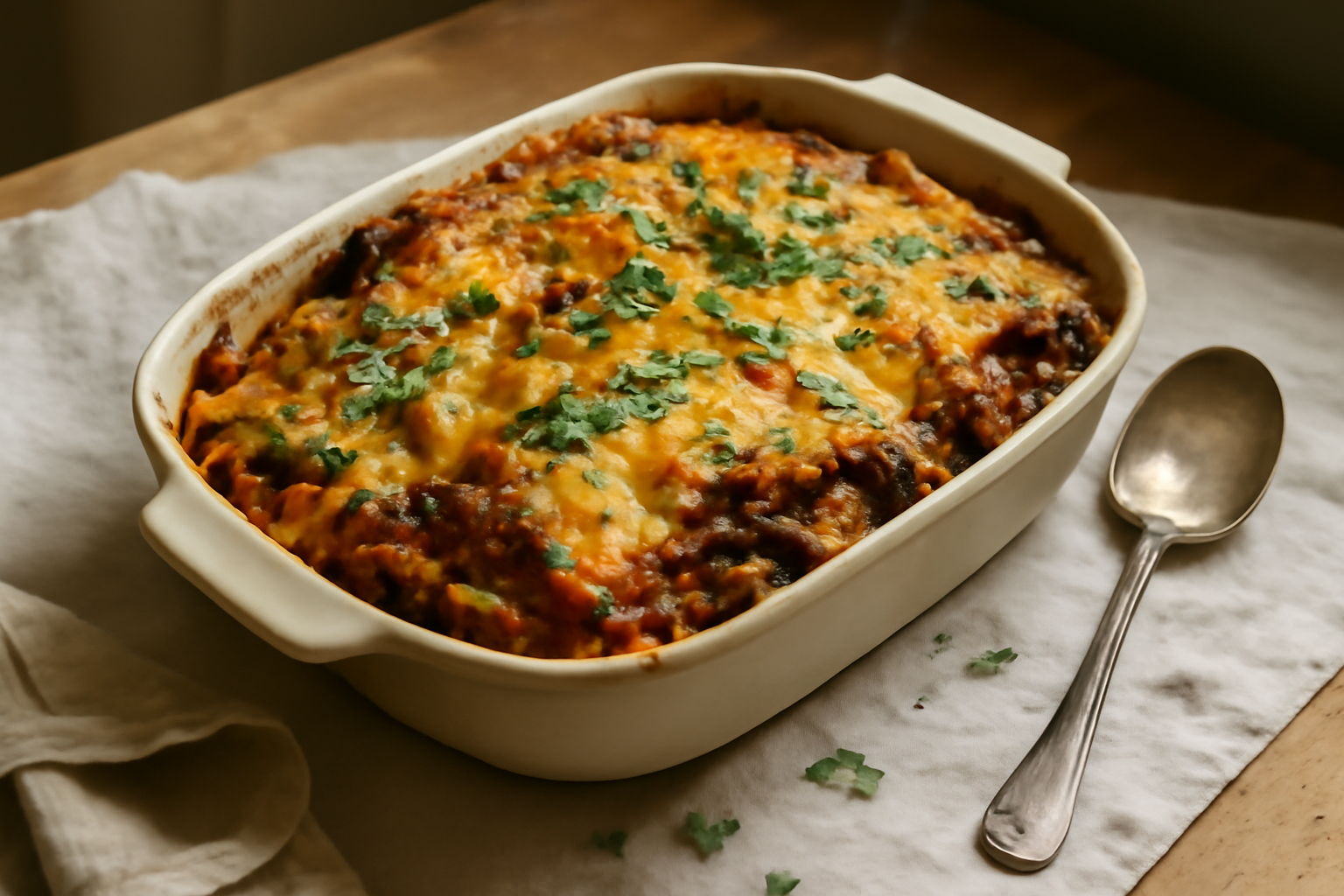 Make‑Ahead Beef & Black Bean Enchilada Casserole, served