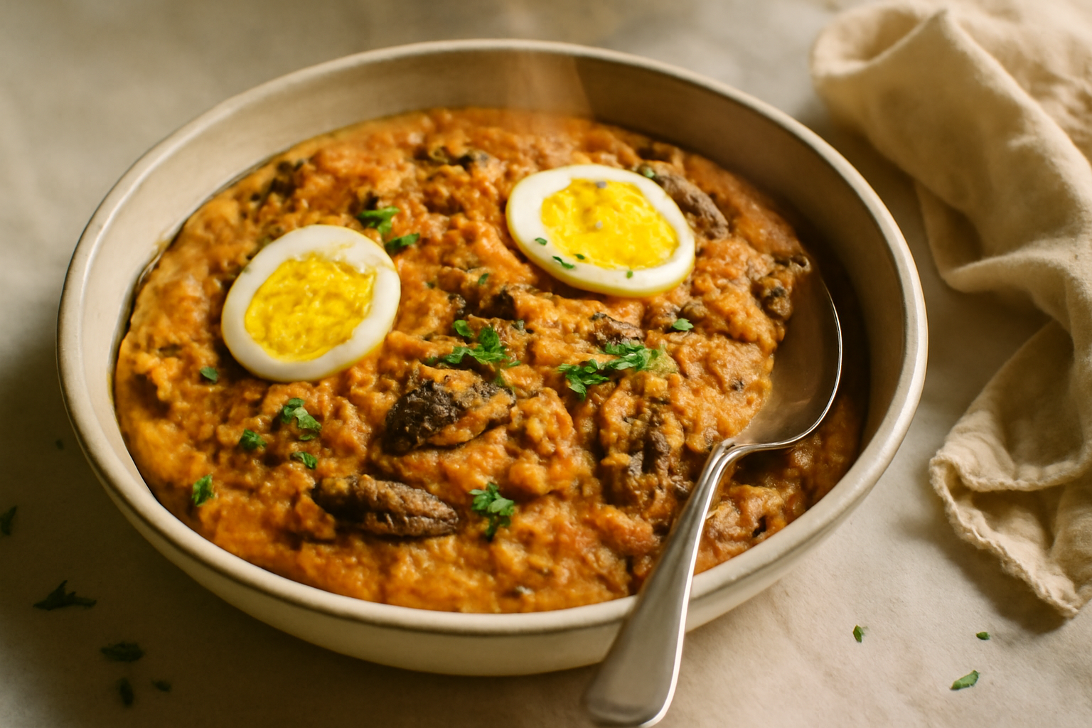 Moi Moi with Smoked Mackerel & Hard‑Boiled Eggs, served