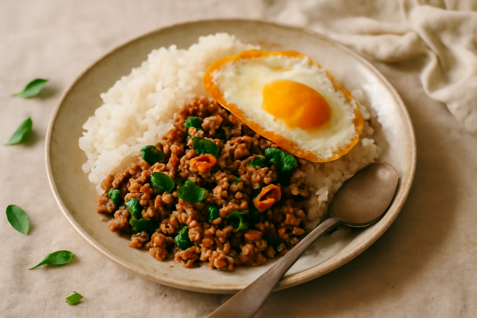 Pad Krapow Moo Sub with Rice and Fried Eggs, served