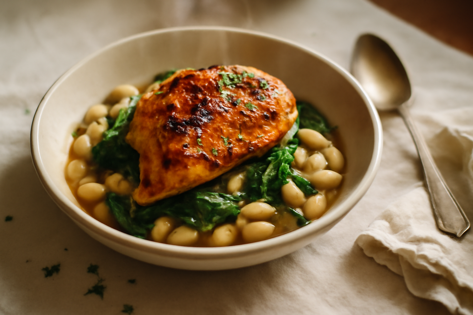 Piri‑Piri Chicken with White Beans and Spinach, served