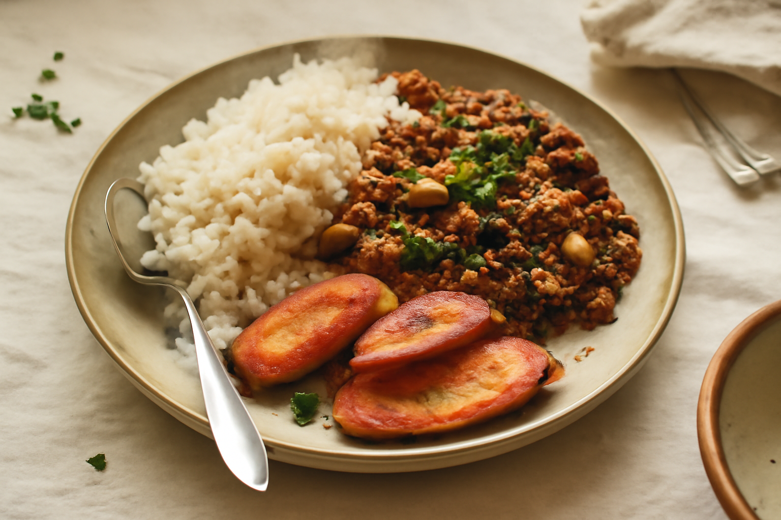 Quick Cuban Picadillo with White Rice and Maduros, served