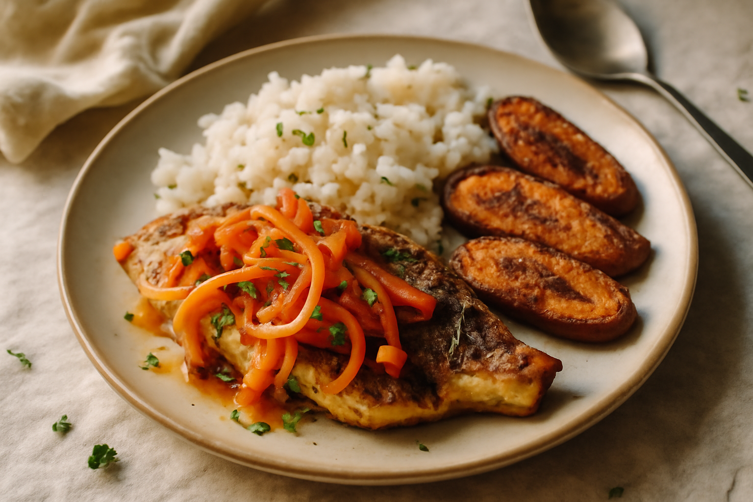 Quick Jamaican Escovitch Fish with Coconut Rice and Fried Plantains, served