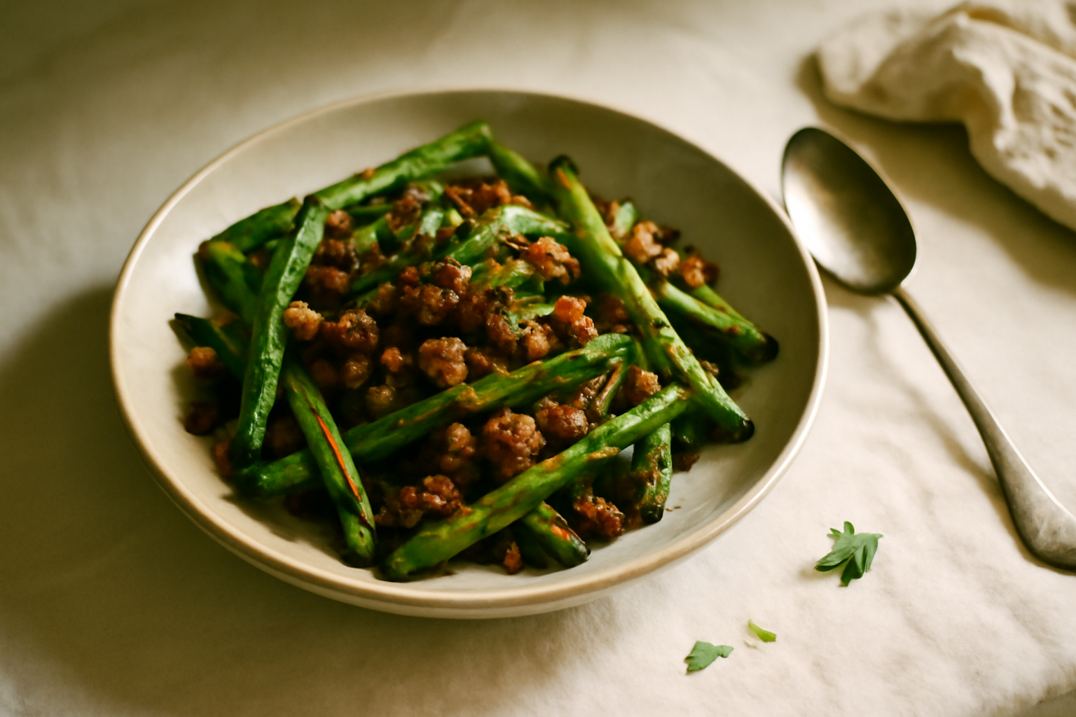 Sichuan Dry-Fried Green Beans with Minced Pork, served