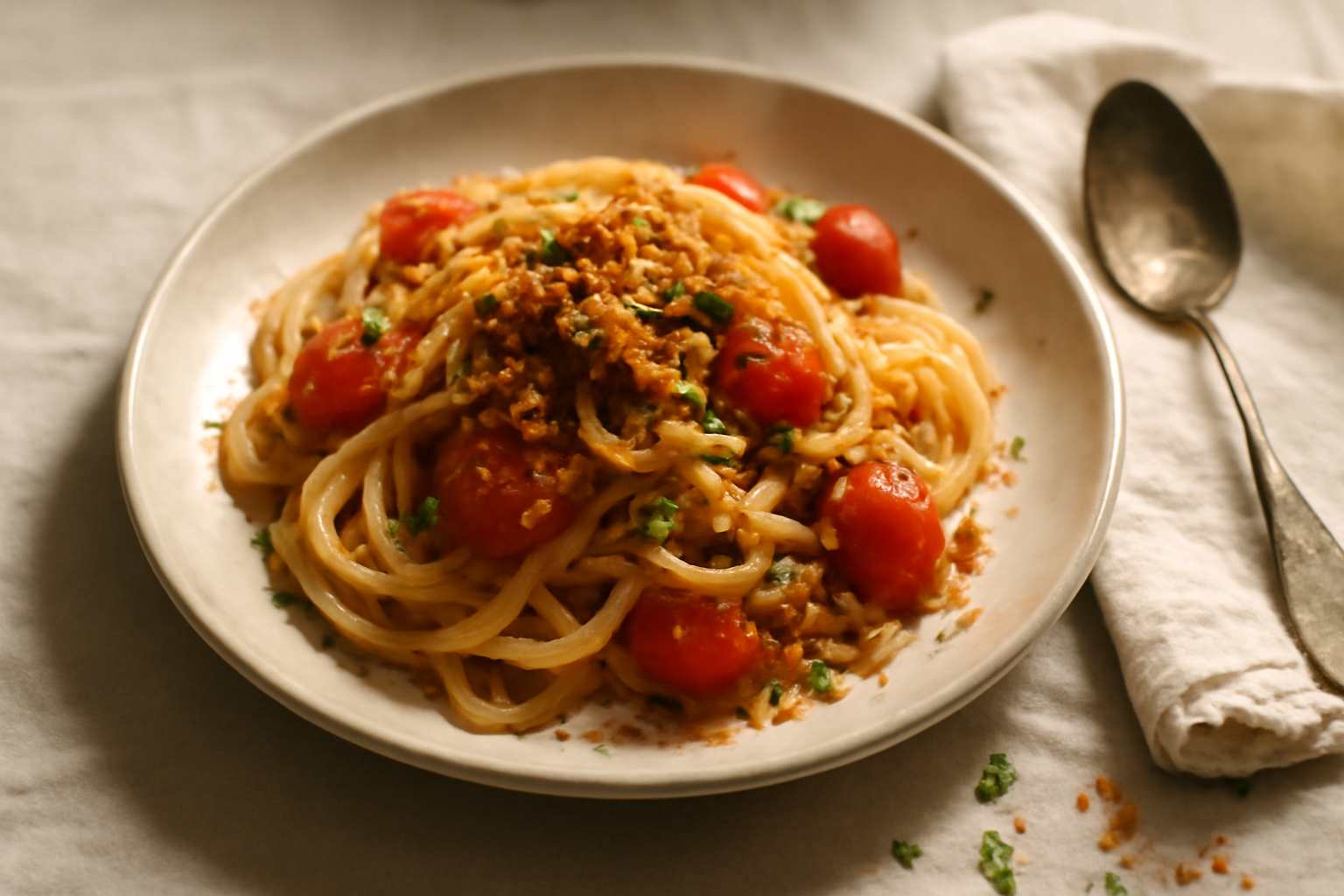 Spaghetti Aglio, Olio e Pomodorini with Pangrattato, served