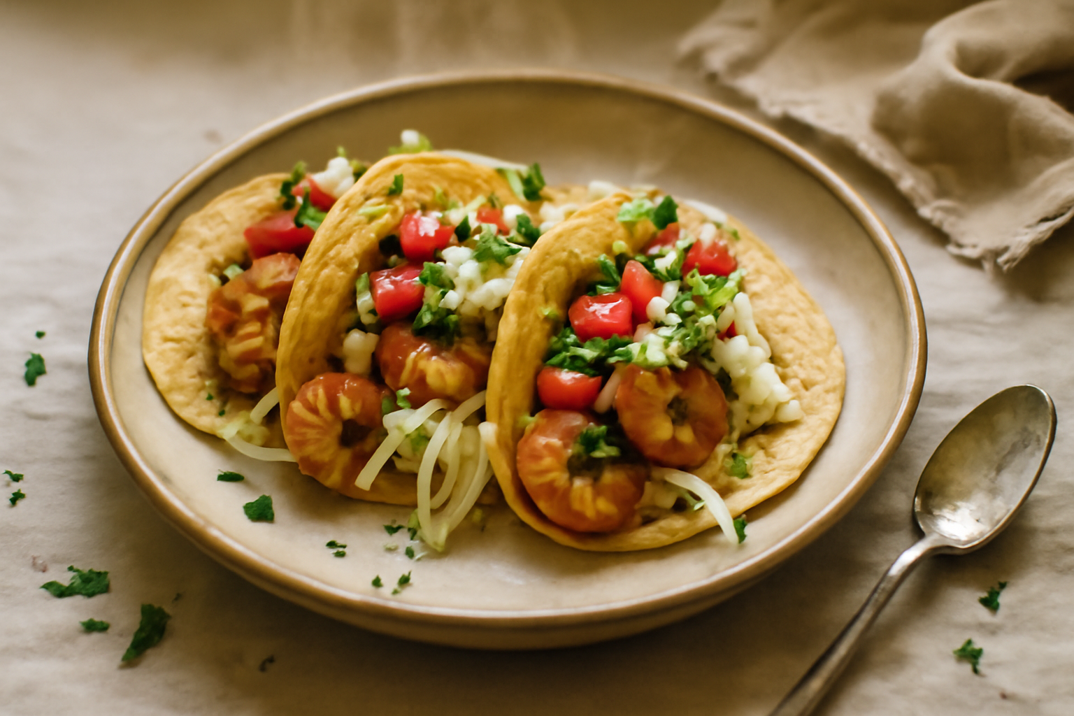 Tacos de Camarón al Ajillo with Lime Crema, served