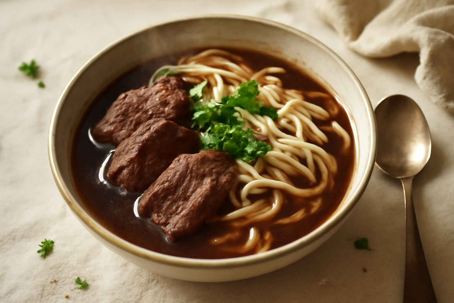 Taiwanese Braised Beef Noodle Soup, served