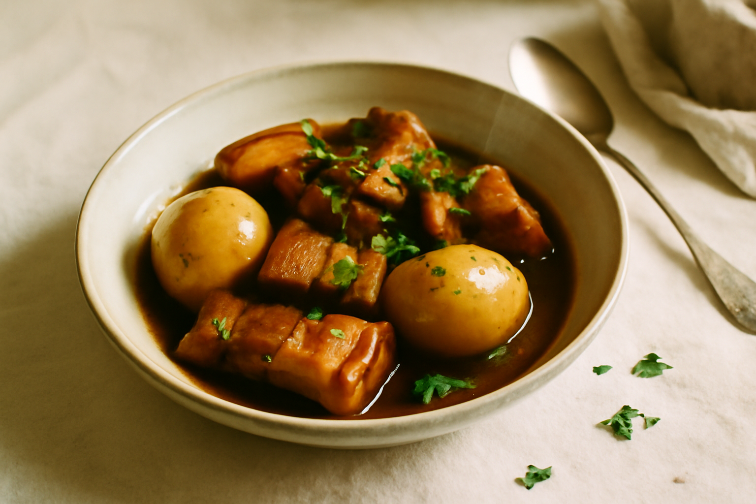 Thịt Kho Trứng — Vietnamese Caramel Braised Pork Belly with Eggs, served