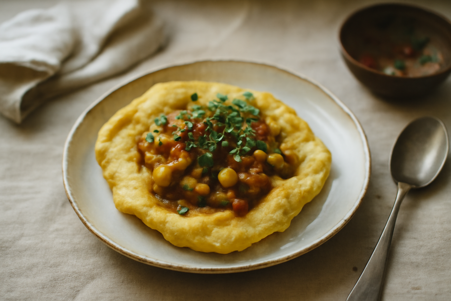 Trinidadian Doubles with Curried Channa and Tamarind Chutney, served