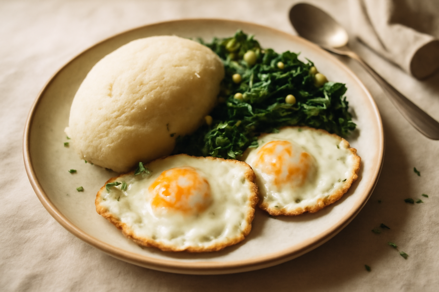 Ugali with Sukuma Wiki and Fried Eggs, served