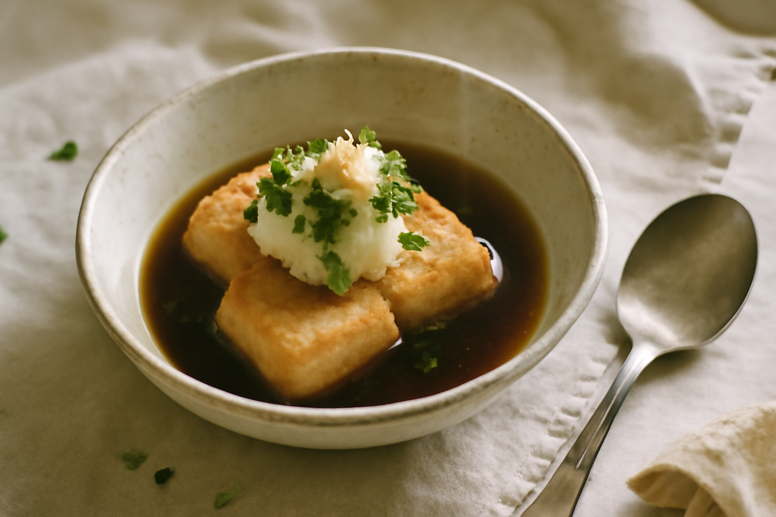 Vegan Agedashi Tofu, served