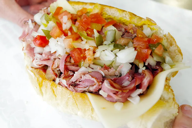 Pastrami Pizza (Pastrami, Pickles, Tomatoes, Onions)